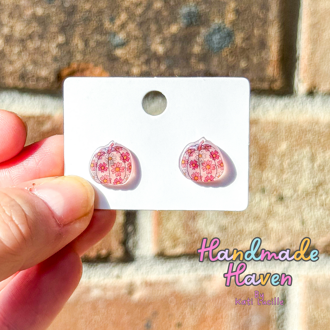 Pink Floral Pumpkin Studs